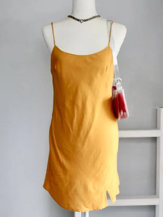 ASOS Mustard Yellow Linen Blend Slip Mini Spaghetti Strap Slit Dress Size 6 US - Picture 6 of 8